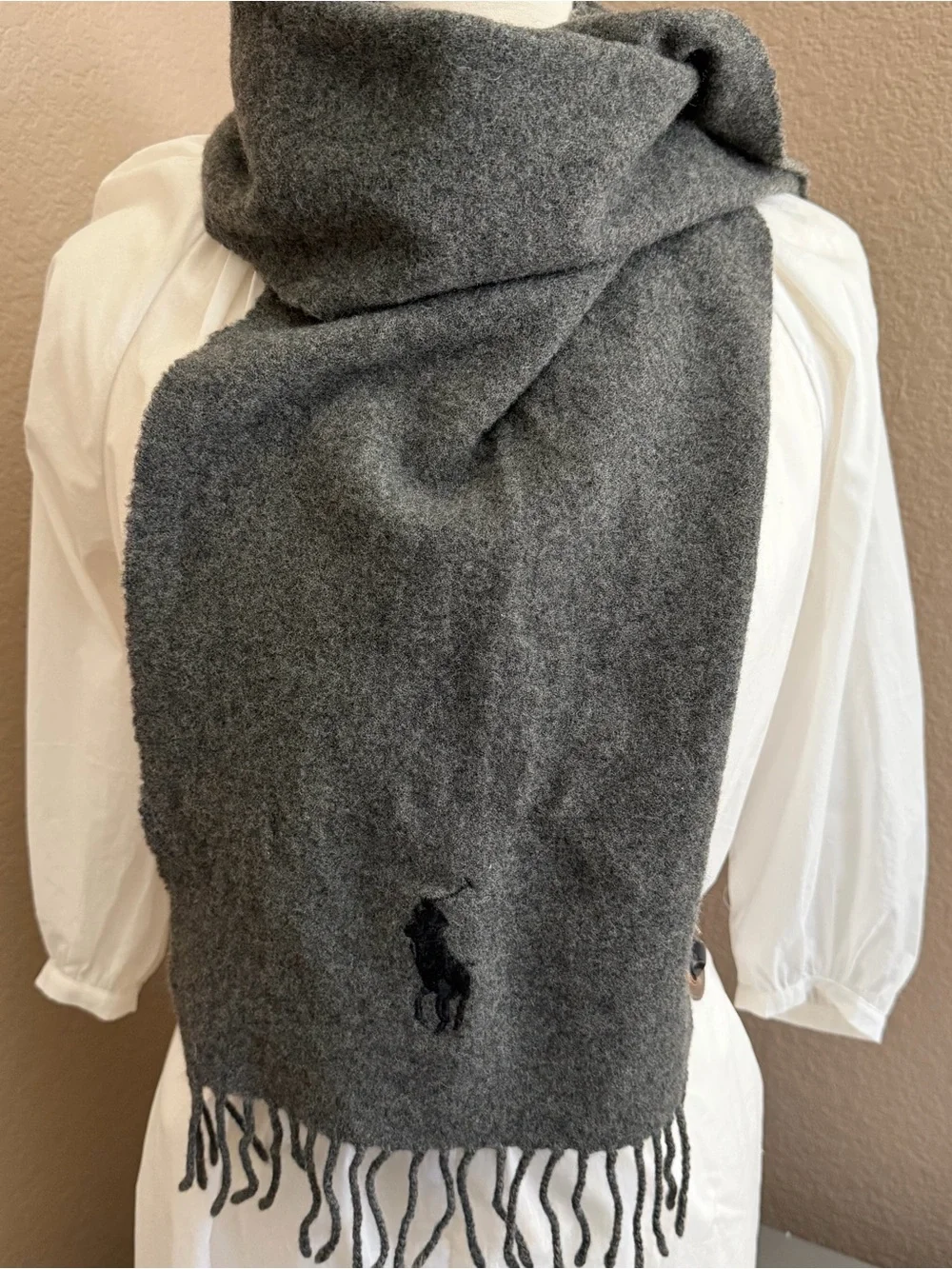 Polo Ralph Lauren Italy 100% Virgin Wool Gray Fringe Scarf Big Pony 56”